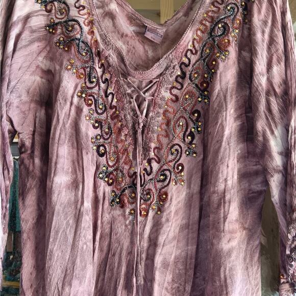 NWT Shoreline Boho One Size Purple Beading Embroidery Gauze 3/4 Sleeves Top - Picture 2 of 7